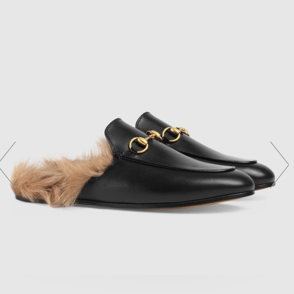 GUCCI Princetown horsebit-detailed shearling-lined leather slippers AUTHENTIC